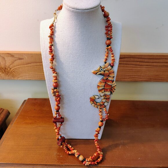 Vtg MCM Necklace Estate Jewelry Amber Seahorse Stone Resin & Wood Signed Tag - Picture 7 of 9